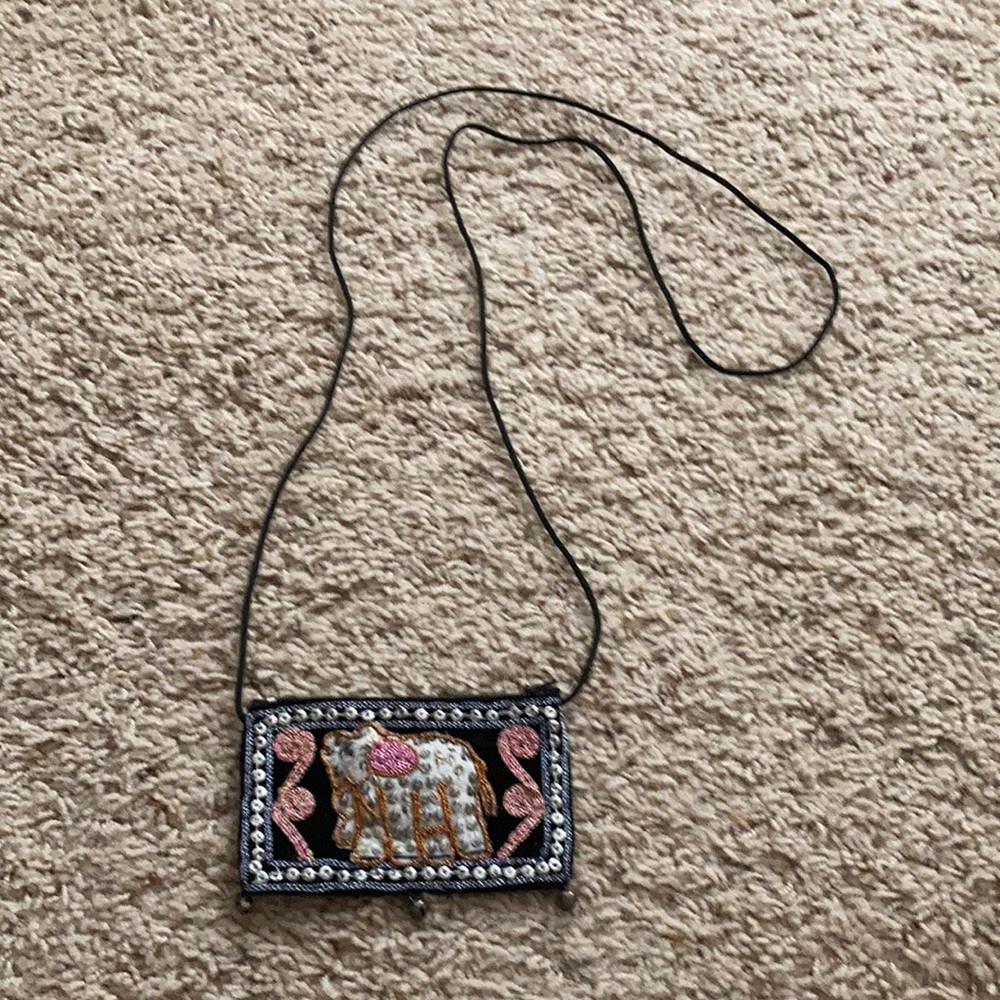 Small Coin Purse Embroidered Black and Pink with Elephant Design/jingle bells